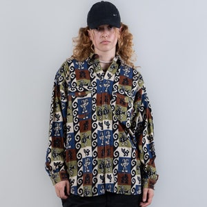 Vintage cotton shirt flannel crazy pattern black beige Size L 80s 90s Navajo aztec pattern ethno graphic shirt