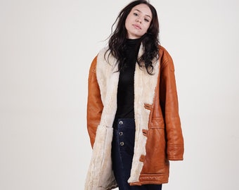 Vintage leather suede jacket parka teddy fur hem oversized Size L brown pilot jacket 80s 90s