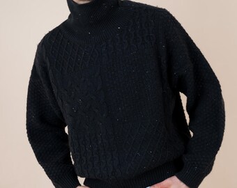 Vintage Pullover sweater Size M Knit Sweater turtleneck Jumper 80s 90s navy black wool blend