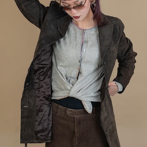 vintage leather jacket parka brown suede leather Size M - L button up 80 90s gender neutral