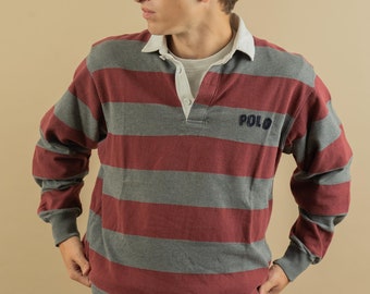 Vintage Polo Ralph Laurent jumper shirt Size M brown gray striped pattern cotton 80s gender neutral