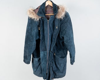 Vintage leather coat suede parka blue velor fur hoodie hem Size S / 36 80s