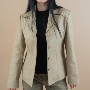 vintage leather jacket beige minimalist genuine leather jacket woman Size M 80s 90s