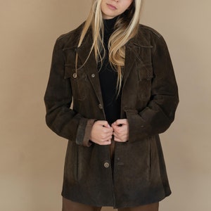 vintage leather jacket parka brown suede leather Size M - L button up 80 90s gender neutral