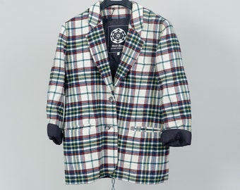 vintage white and green oversized blazer check pattern Size L - XL 80s 90s