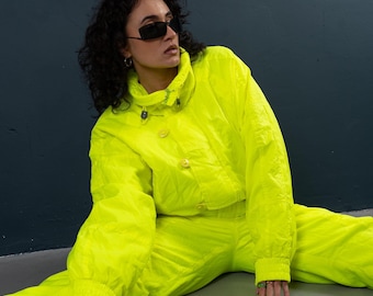 Vintage ski overall ski one piece suit winter jumpsuit snow suit funky neon yellow Size S 80s 90s second hand