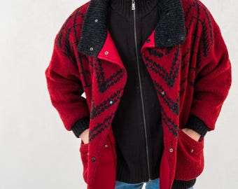 Vintage 1980s Red & Black Woolen Button-Up Jacket - XL Retro Patterned Outerwear, Lined