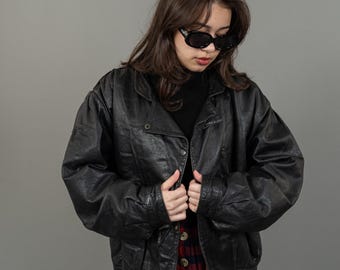 80s Vintage Black Leather Bomber Jacket - Cropped Size M