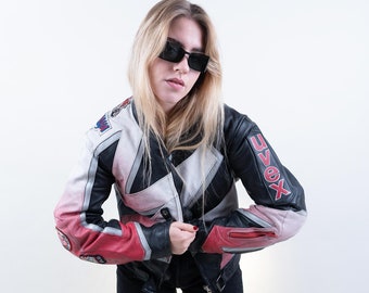 Vintage leather biker jacket heavy leather black pink Size M / L UVEX 80 90s