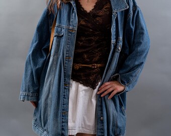 Jaqueta jeans vintage dos anos 90 | Casaco grunge e boho estilo anos 2000 | Casaco jeans retrô | Moda unissex anos 2000, tamanho XXL (oversized)
