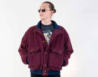 Hugo Boss original 80s vintage cotton bomber jacket Size L burgundy with blue hem and details colleague gender neutral second hand cloth