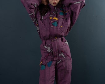 Vintage ski overall funky pastel purple crazy abstract pattern Size XS / S 80s 90s second hand