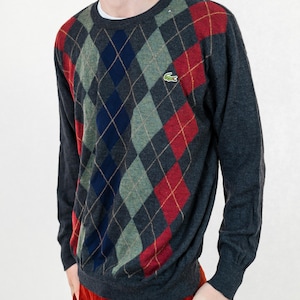 90s Vintage Men's Lacoste Knit Sweater - XL Grey with Green & Red Rhombic Pattern