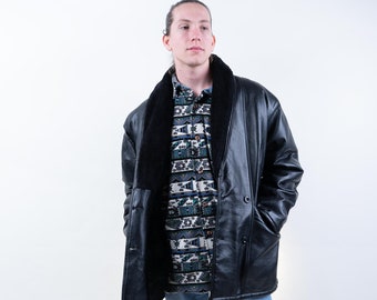 Vintage leather pilot jacket black suede jacket teddy fur lining Size XL 80s 90s