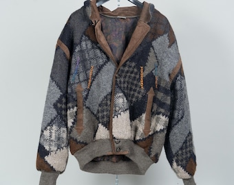 Vintage ethno Navajo bomber jacket patchwork brown wool leather details Size L 80s 90s
