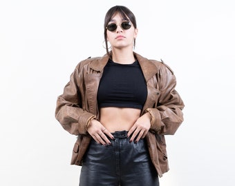 80s vintage leather biker jacket brown cropped waisted moto jacket hard leather jacket with belt 90s aesthetic y2k grunge leather jacket