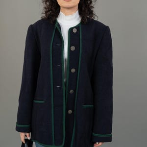 Vintage 80s Austrian Peasant Jacket - navy blue Wool Loden Oversized Size XL with Horn Buttons