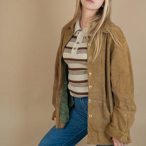 vintage leather shirt jacket suede leather shirt brown cream button up Size S / Meter 80s