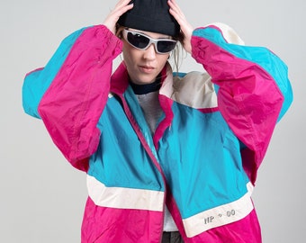 Vintage Size XL Shelljacket Sport Jacket Windbreaker Hoodie 80s 90s blue pink