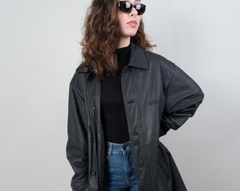 Vintage camel leather coat black lined minimalist Size XL 52 80s 90s soft goat leather