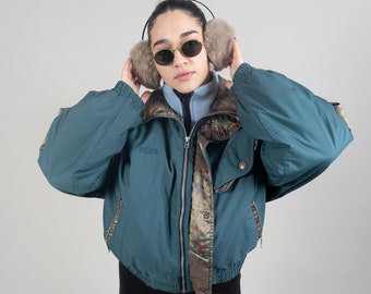 vintage puffer jacket cropped green blue abstract pattern ski parka 80s gender neutral second hand