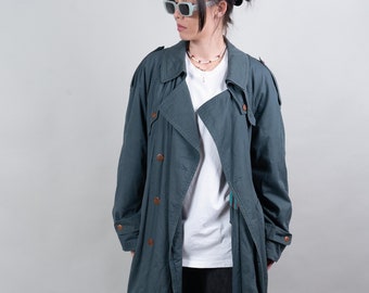 Vintage green grey trench coat oversized gender neutral second hand clothing 80s 90s