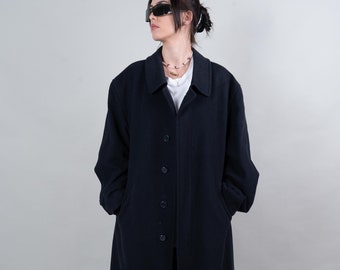 Vintage blue trench coat oversized gender neutral second hand clothing wool 80s 90s Coat0155