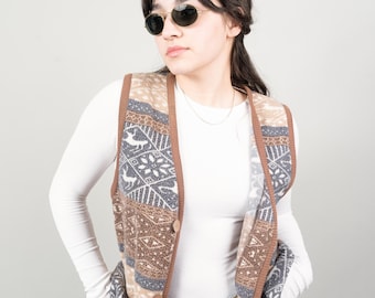 gilet de berger vintage laine taille unique marron motif fou navajo années 80 90