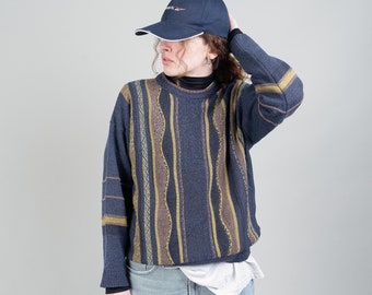 Vintage Pullover Sweater Size M crazy pattern Knit Sweater Jumper 80s 90s blue / yellow