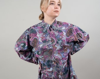 Vintage printed shirt purple crazy pattern oversized hard cotton gender neutral 80s