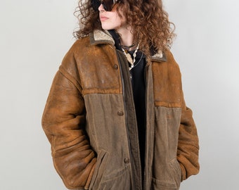 Vintage Camel suede jacket leather parka teddy fur oversized Size XL 80s