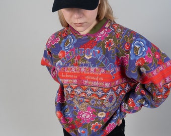 Vintage jumper floral sweatshirt hard cotton floral pattern size M 80s 90s