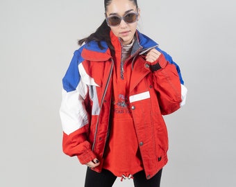 Classic vintage ski jacket cropped blue and red colorblock puffer jacket Size L 80s