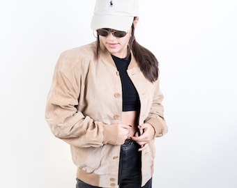 80s vintage velor leather jacket casual basic minimalist brown beige bomber jacket Size M gender neutral second hand clothing y2k