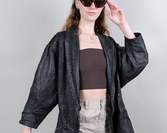 Jaren '80 vintage leren jas noodlijdende leren jas oversized gewassen leren jas minimalistische leren jas genderneutraal tweedehands