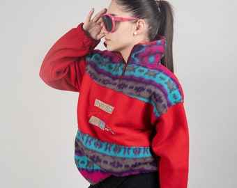 Vintage fleece polar jumper red blue crazy pattern Size L - XL 80s