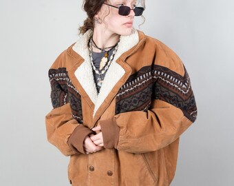 Vintage Navajo Jacket Size XL Ethno pattern lined Suede Leather Wool Jacket Teddy Lining 90s
