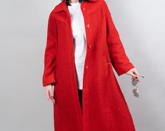 Vintage red coat double breasted Size L wool blend 80s 90s Trench0181