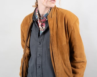 Vintage Suede Leather Bomber Jacket Beige Brown Size M 80s