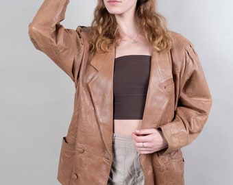 vintage beige leather jacket blazer oversized brown 80s 90s