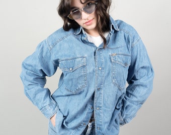 vintage Mustang denim jeans overhemd donkerblauwe wassing genderneutraal maat L katoenen overhemd met knopen tweedehands