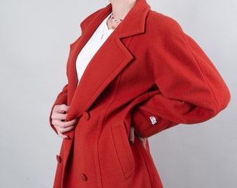 Vintage red coat double breasted Size L wool blend 80s 90s Trench0181