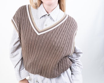 Size XL Vintage sweater vest grandpa sweater brown v-neck gender neutral cotton blend second hand clothing english style oversized