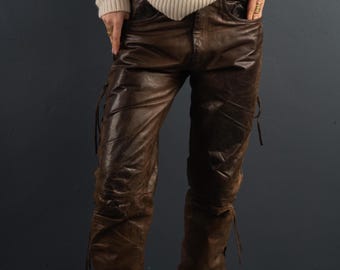 vintage Chocolate Brown Distressed Leather Pants gender neutral Brown Leather Slim Fit Biker trousers Size S / Meter leather gift