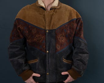 vintage Aztec sherpa bomber jacket suede leather Man XL woman oversize large ethno boho pattern brown Navajo Arizona jacket 80s