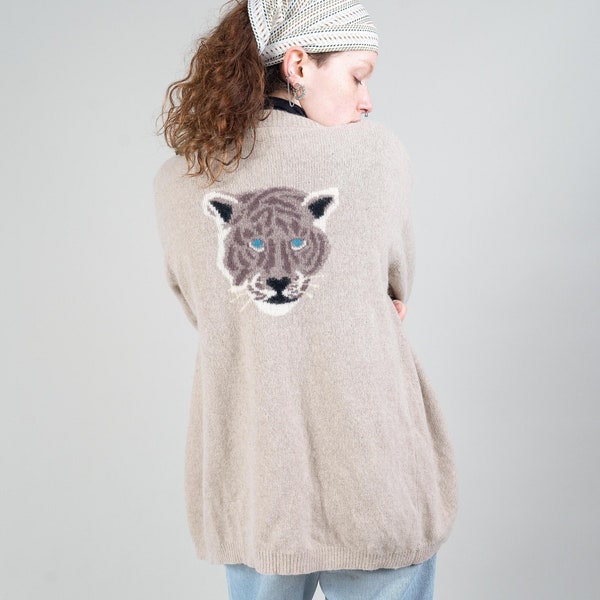 vintage laine cardigan crème surdimensionné tricot motif tigre dans le dos grand-père pull années 80 90