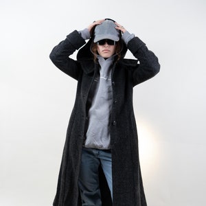 Vintage wool trench coat black hooded Size S / M 80s 90s 画像 1