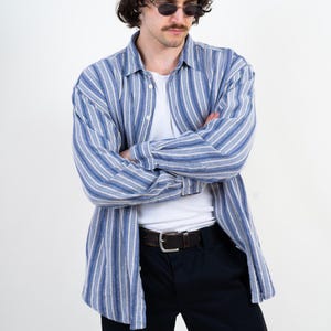 Camisa de franela vintage de los 80 para hombre, talla XL, azul, patchwork, grunge, estilo chaqueta, gorpcore, algodón, streetwear.