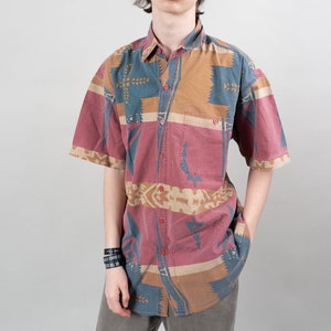 vintage cotton printed shirt shortsleeve crazy pattern Size XL 80s 90s