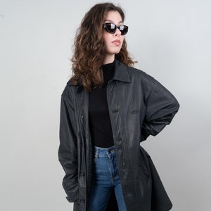 Vintage camel leather coat black lined minimalist Size XL 52 80s 90s soft goat leather image 1
